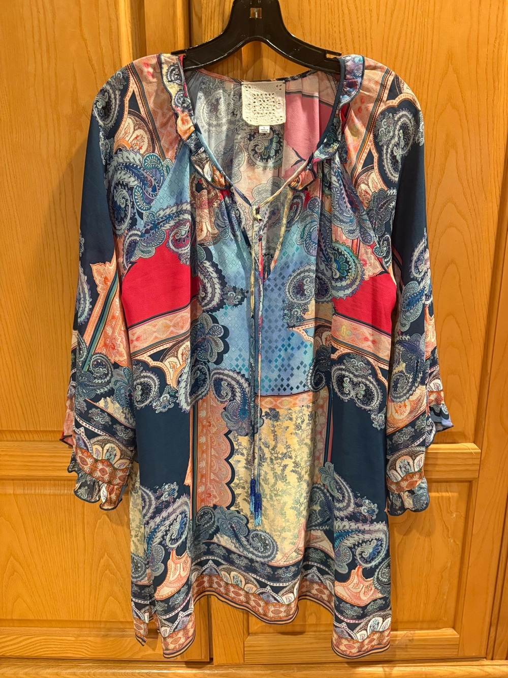 Johnny Was Daria Easy Tunic Paisley Patchwork Multicolor 3/4 Sleeve Boho Size L